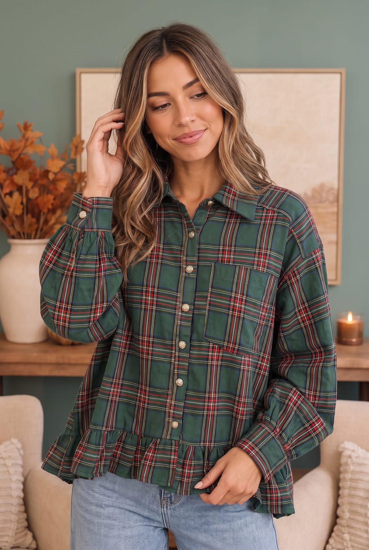 Ruffle the Rules Plaid Flannel Top in Green