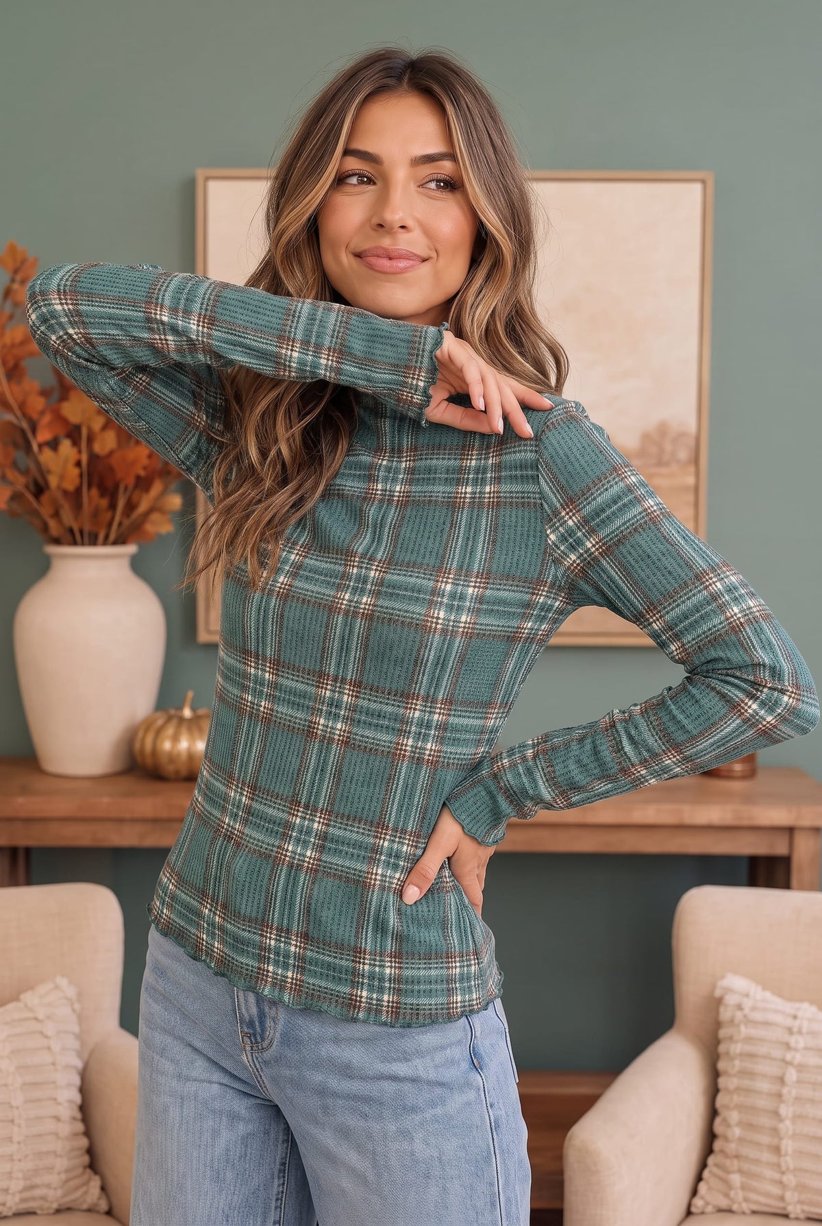 Plaid About You Mock Neck in Hunter Green
