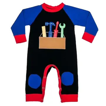 Baby Boys Blue Cotton Long Sleeve Tool Box Romper Jumpsuit