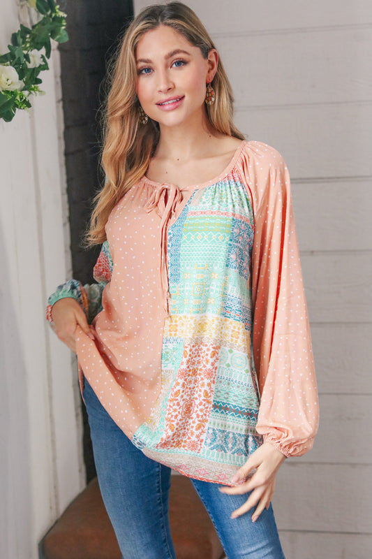 Peach & Mint Floral Color Block Raglan Peasant Top