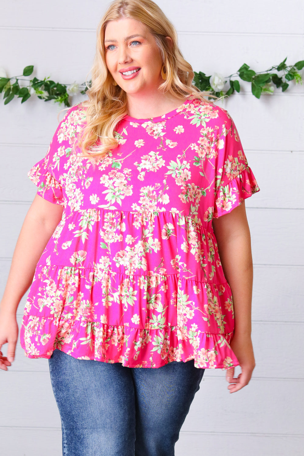 Fuchsia Floral Frill Ruffle Hem Tiered Swing Top