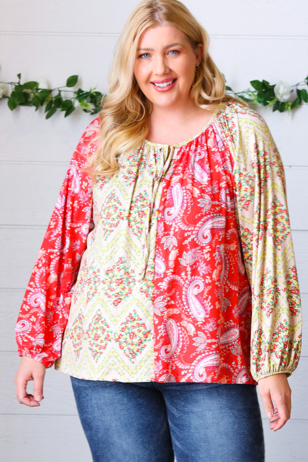 Scarlet Paisley and Floral Chevron Bubble Sleeve Top