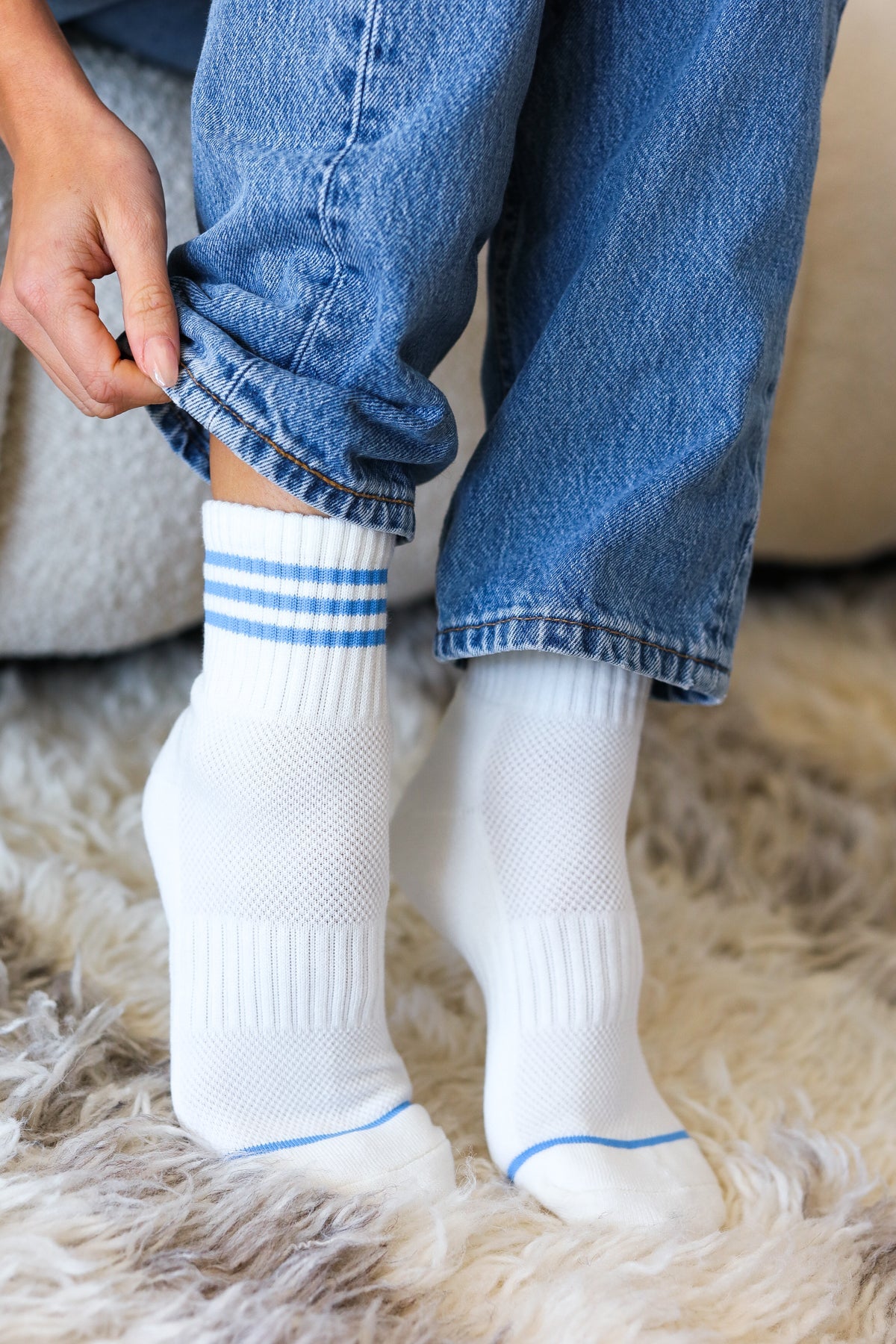 White & Blue Sporty Ankle Socks