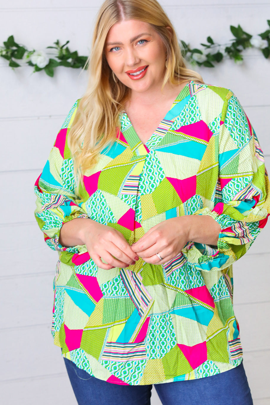 Key Lime Geometric Color Block Top