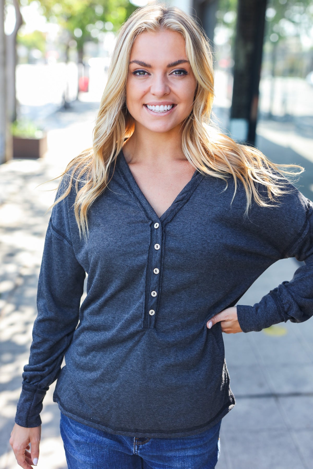 Casual Days Charcoal Henley Button Down V Neck Top