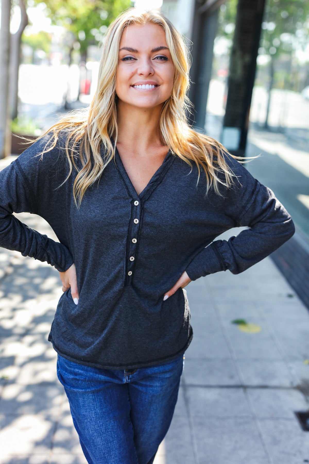 Casual Days Charcoal Henley Button Down V Neck Top