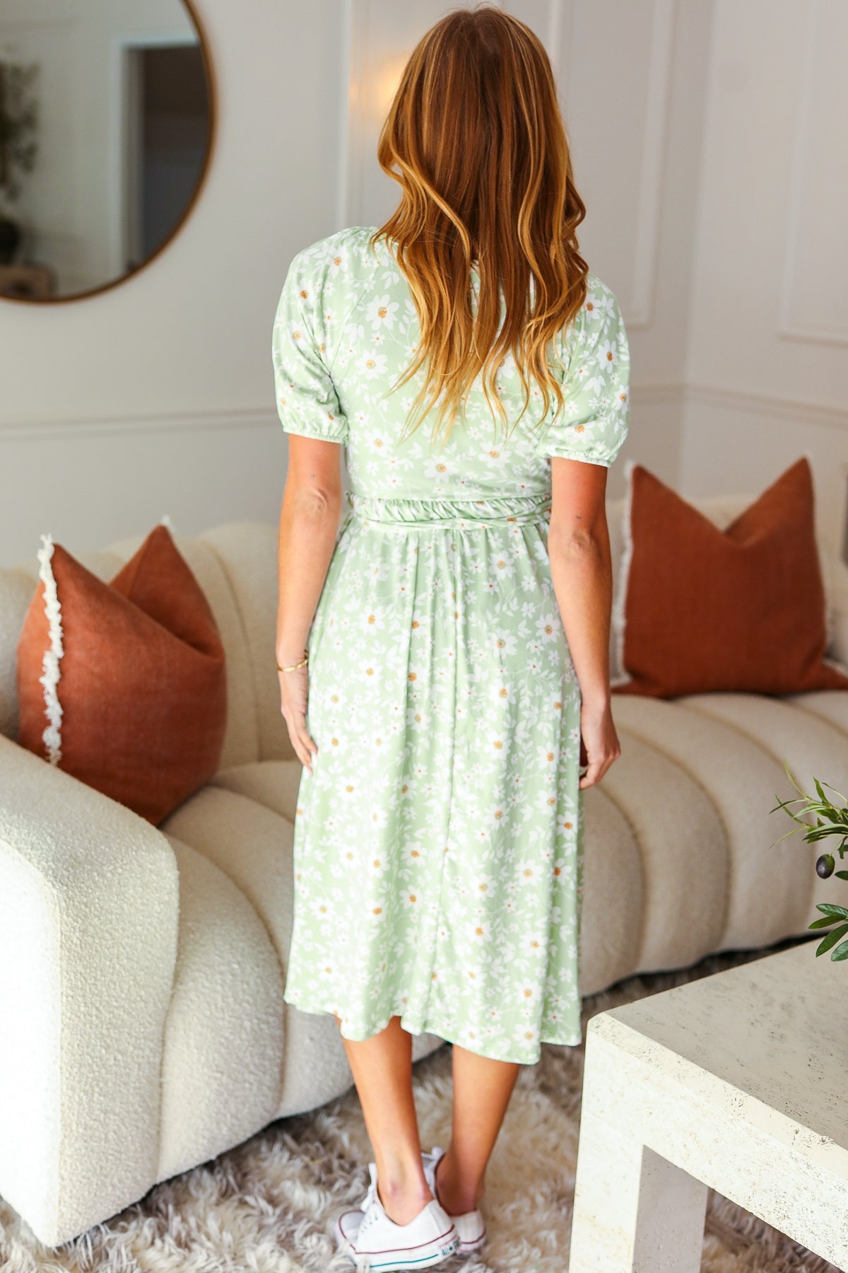 Sunny Days Sage Floral Print Fit & Flare Sash Belt V Neck Dress