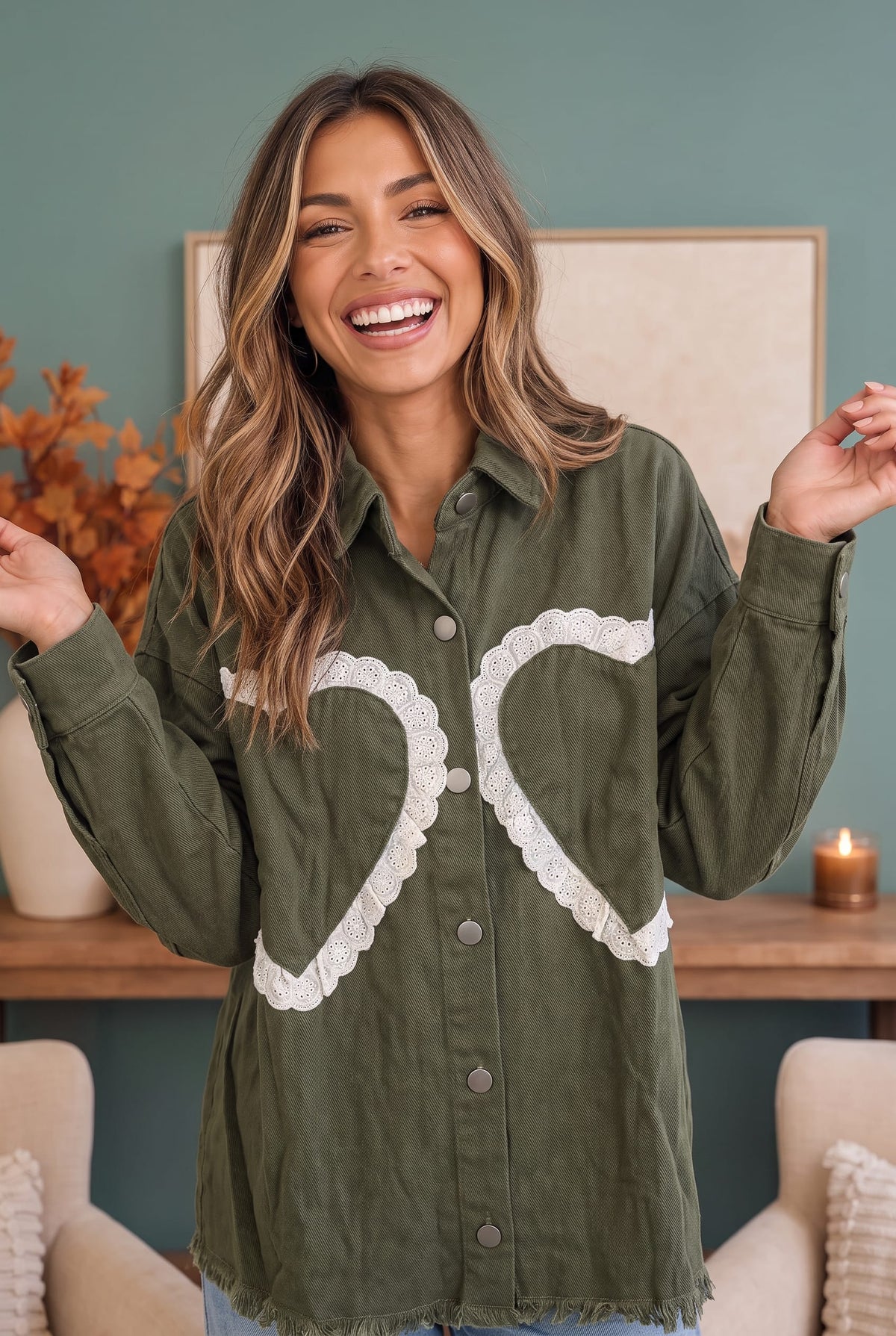 I Heart You Lace Applique Corduroy Shacket