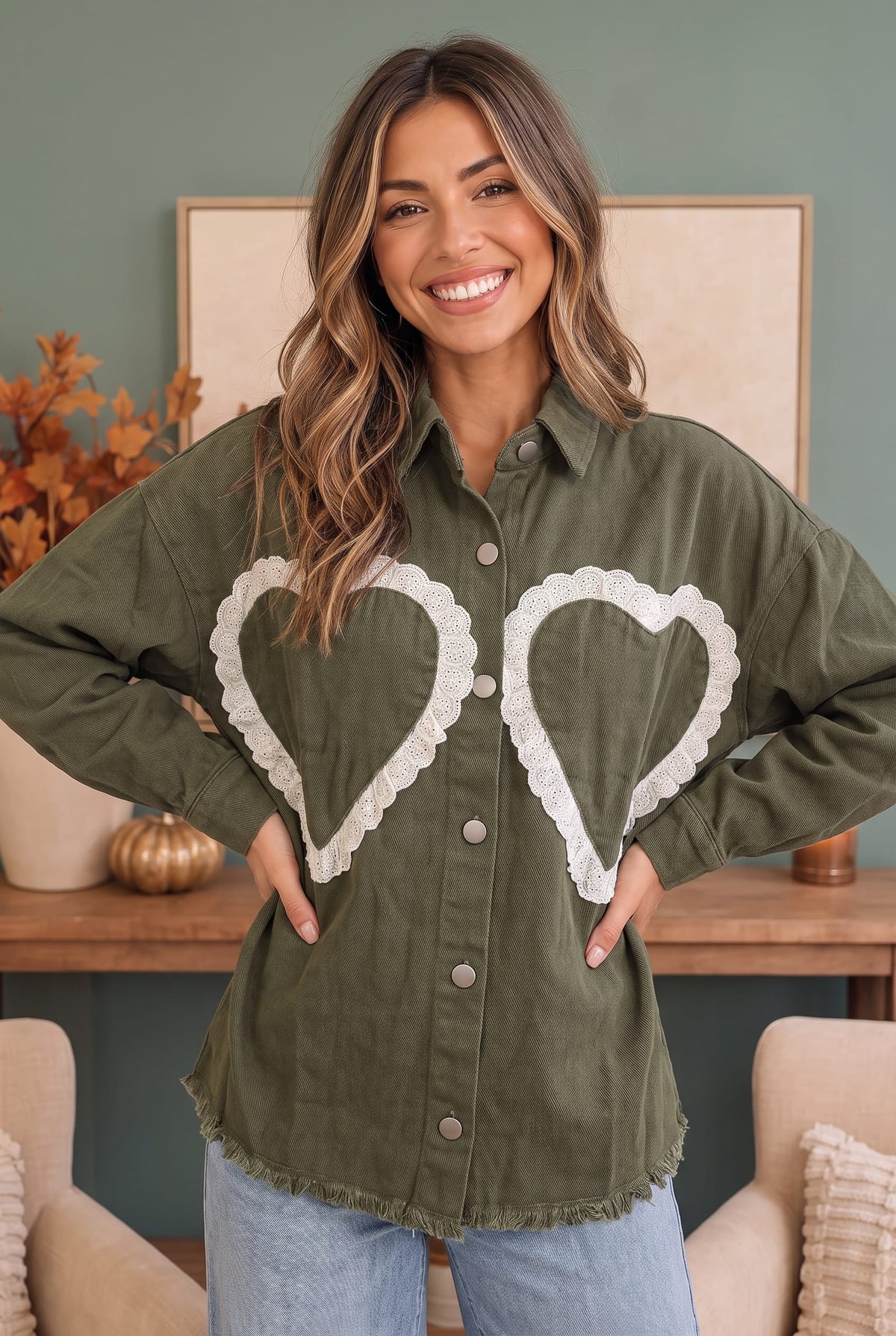I Heart You Lace Applique Corduroy Shacket