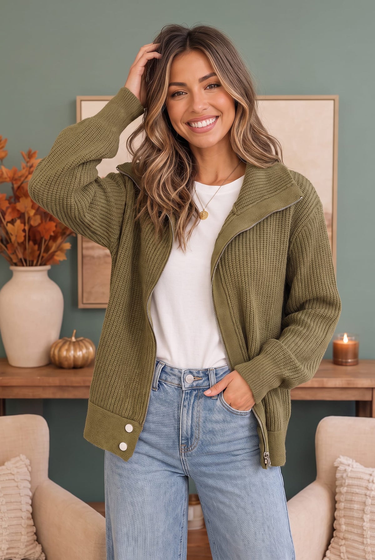 On Set Zip-Up Ribbed Sweater Jacket in Olive