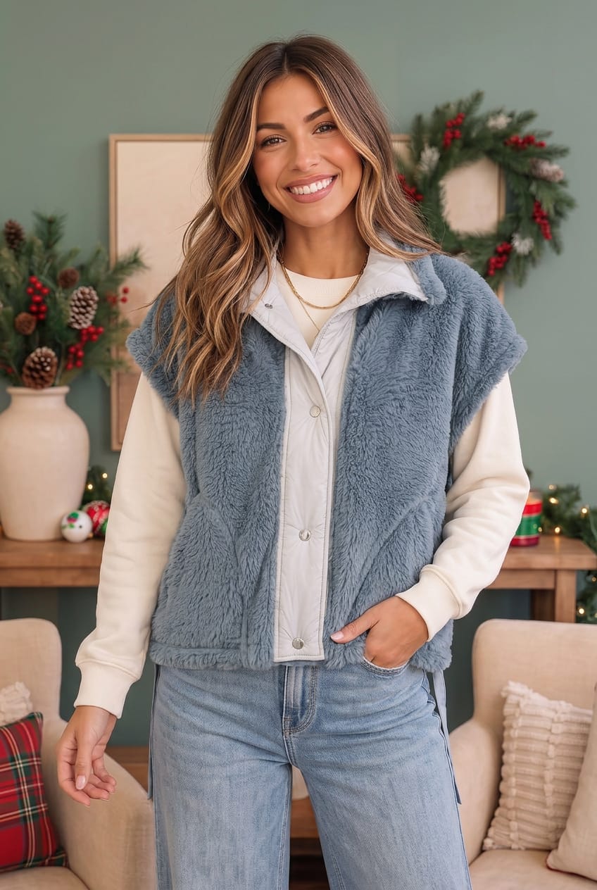 Snuggle Season Sherpa Vest in Slate