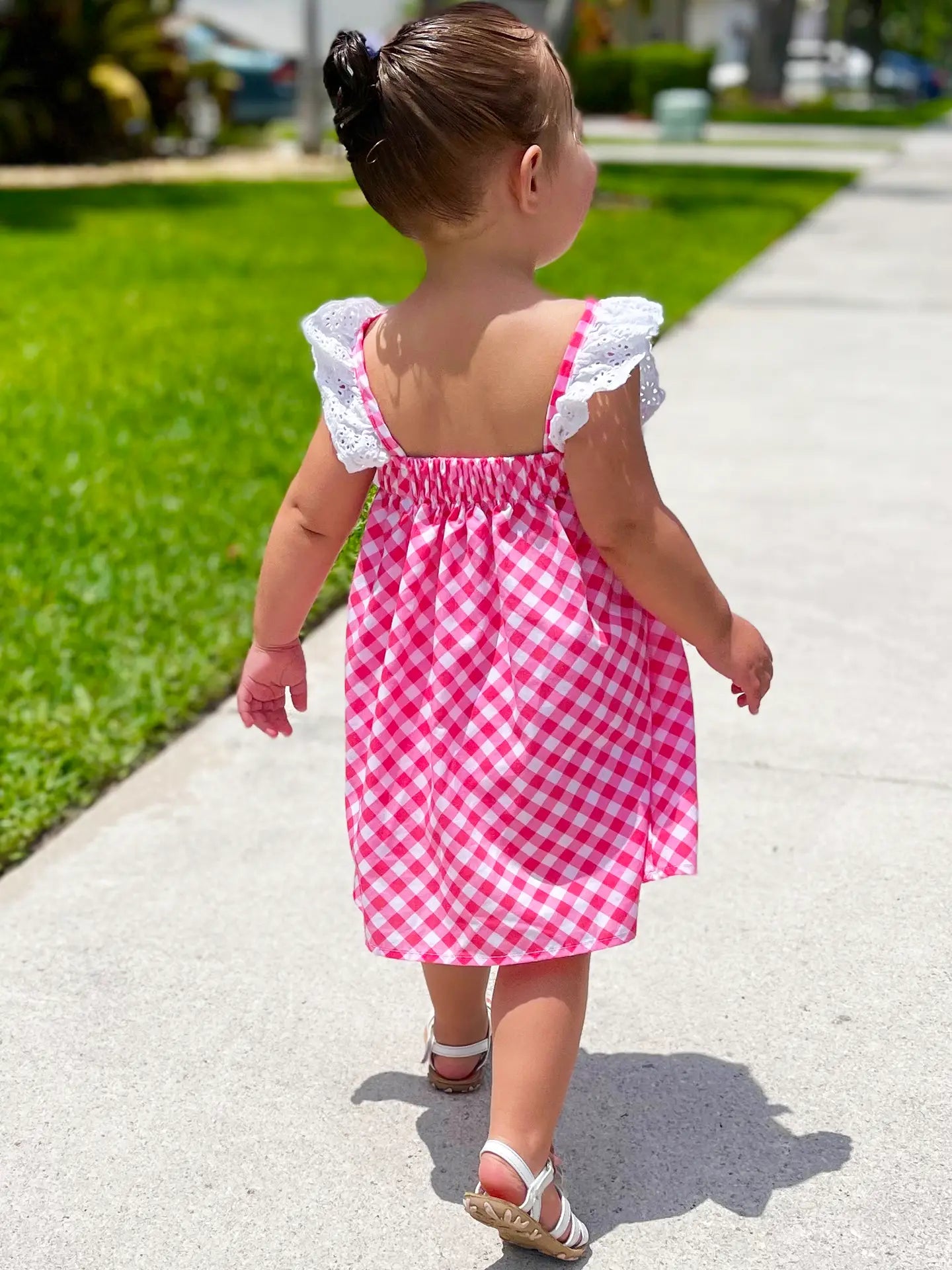 Big Girls Pink Gingham Eyelet Ruffle Spring Dress