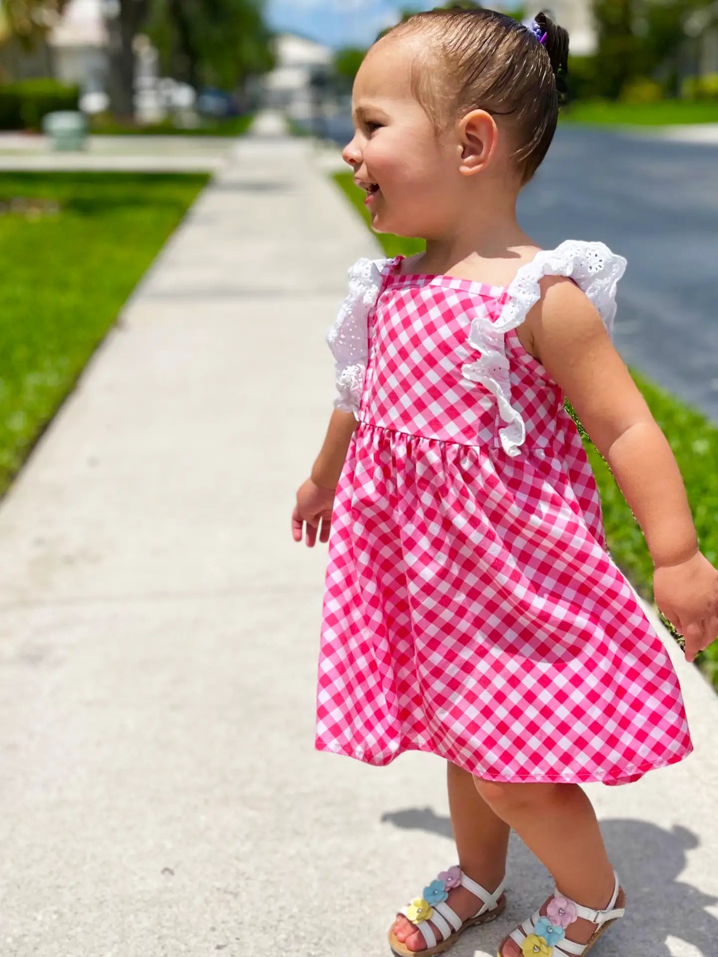 Big Girls Pink Gingham Eyelet Ruffle Spring Dress