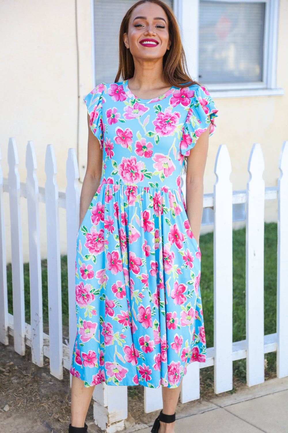 Feeling Femme Sky Blue Big Floral Folded Ruffle Sleeves Midi Dress