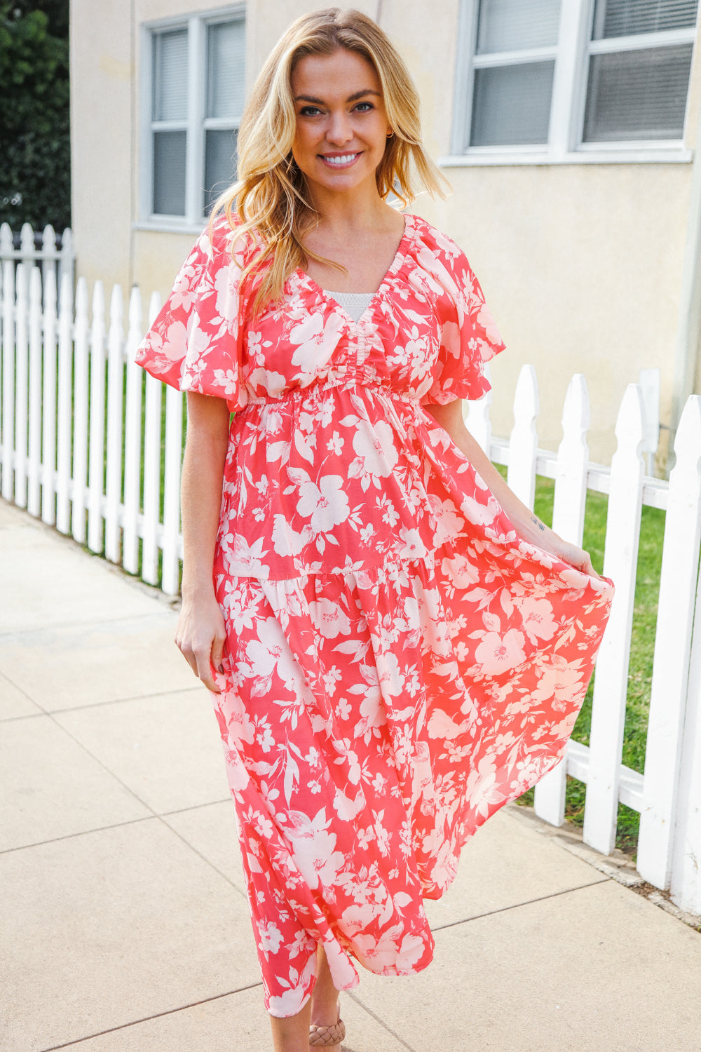 Hello Beautiful Coral Elastic V Neck Tiered Big Floral Maxi Dress