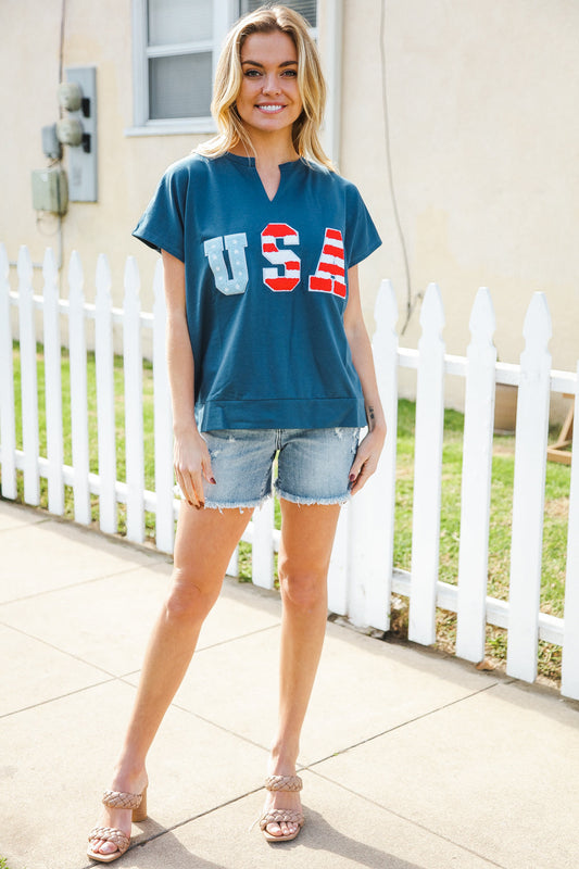 Patriotic Denim Blue French Terry Plaid Star Patch Top