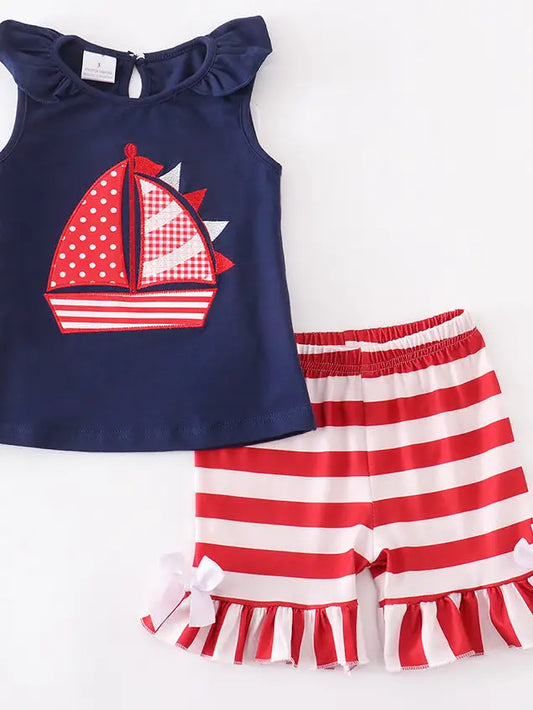 Girls Nautical Sailboat Tank & Ruffle Shorts Outfit Summer