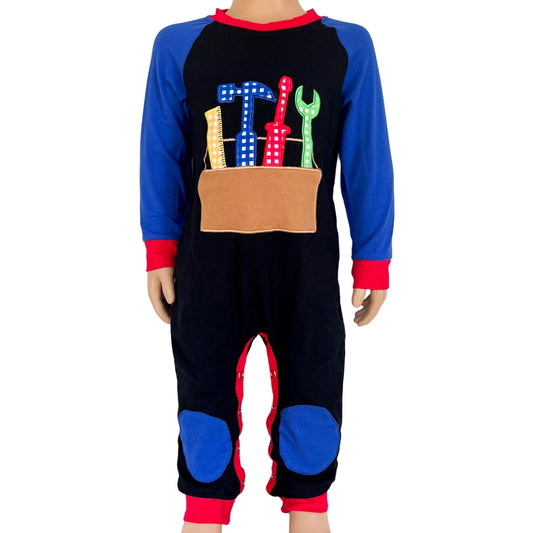 Baby Boys Blue Cotton Long Sleeve Tool Box Romper Jumpsuit