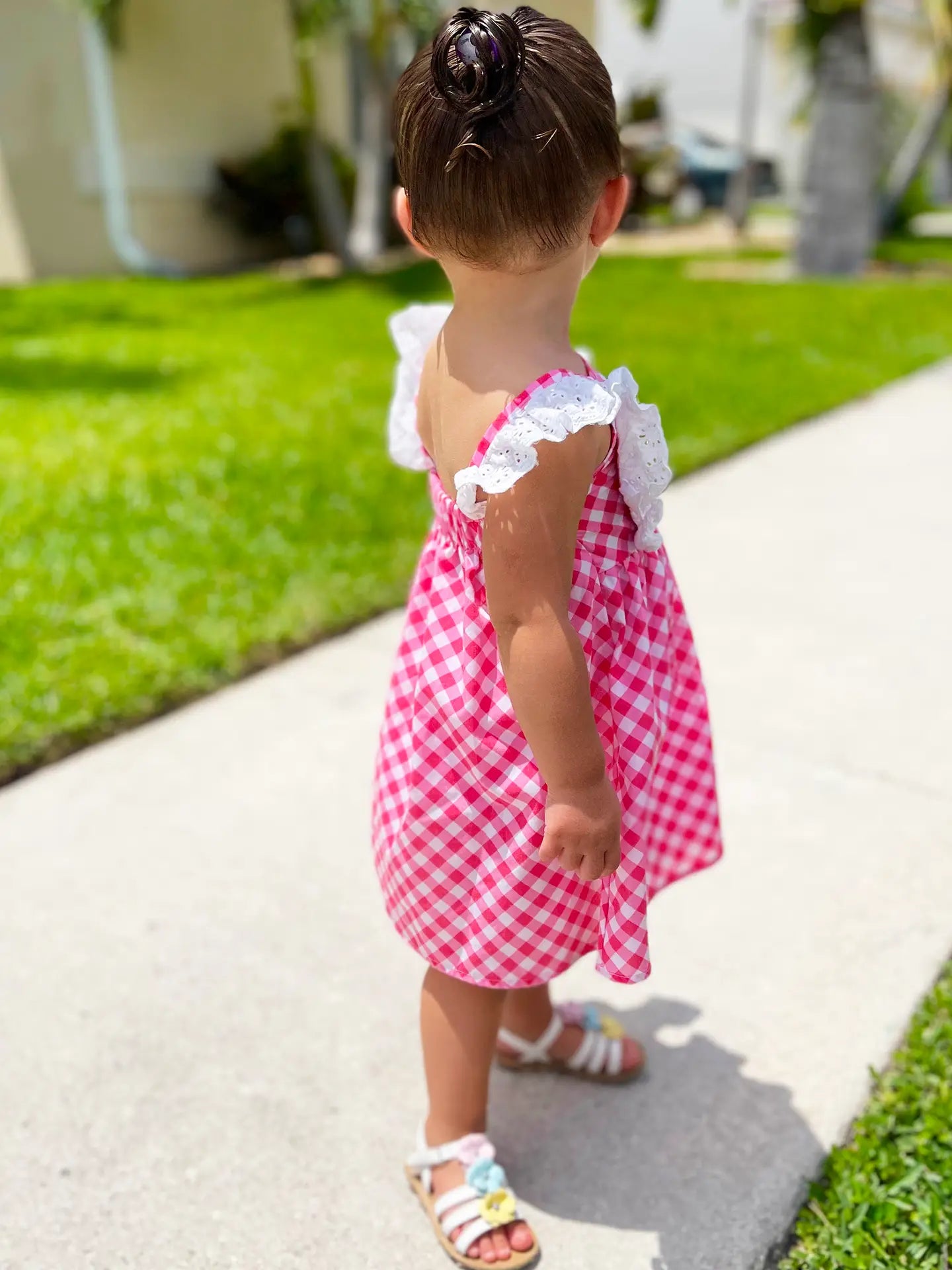 Big Girls Pink Gingham Eyelet Ruffle Spring Dress