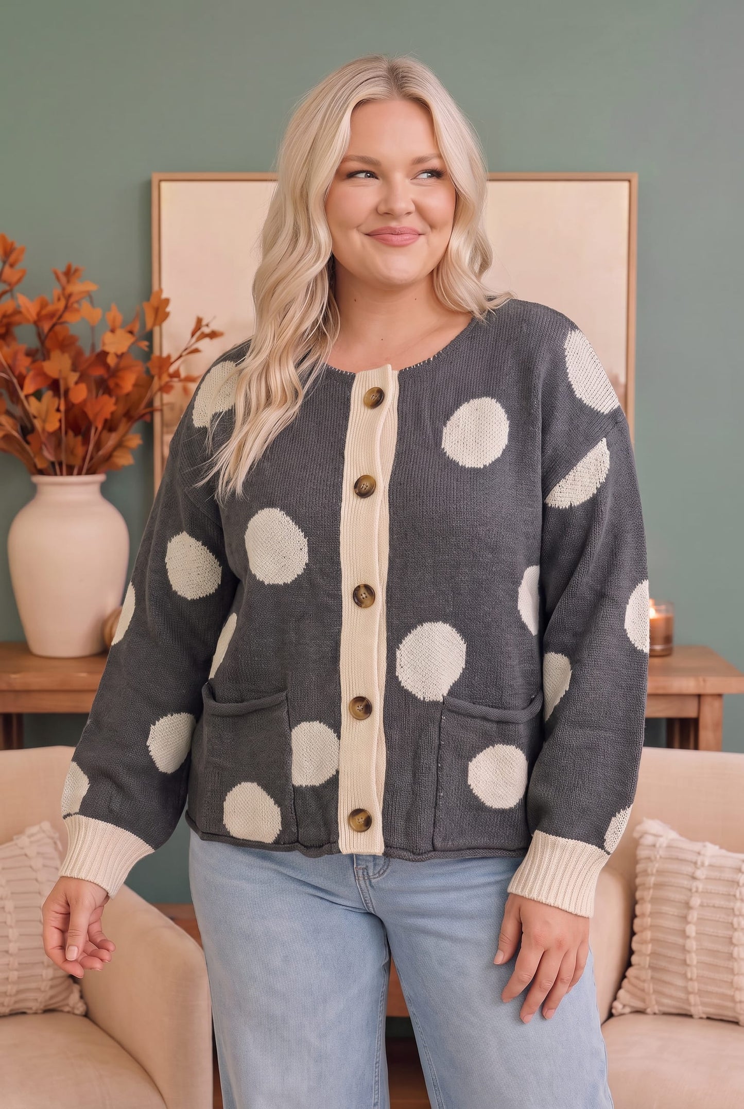 Dotty For You Charcoal Polka Dot Knit Cardigan