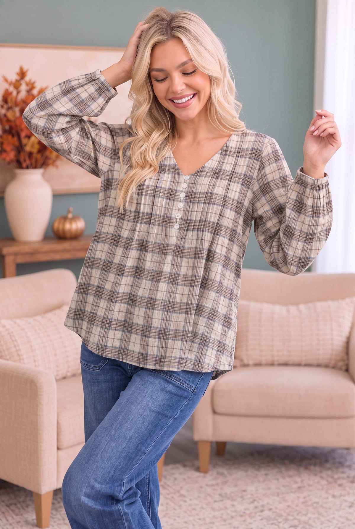 All in Check Pintuck Button Front Blouse