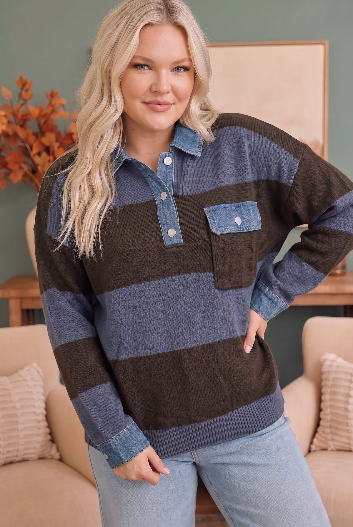 Blueberry Fields Striped Denim Collar Sweater