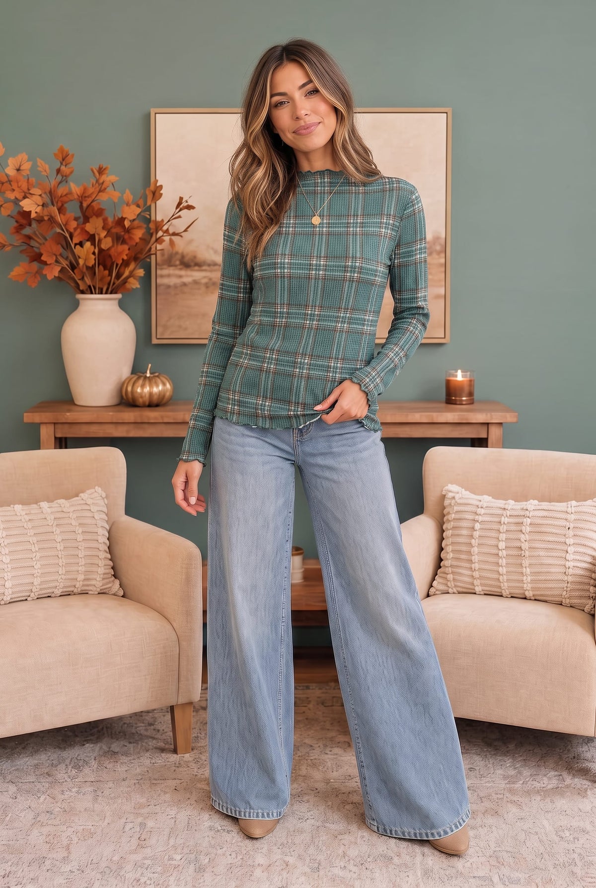 Plaid About You Mock Neck in Hunter Green