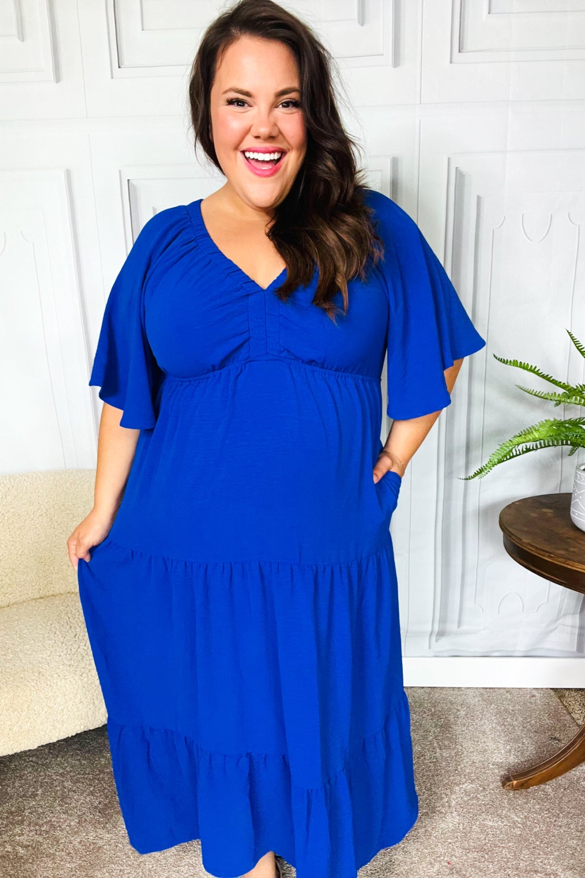 Live For Today Royal Blue Elastic V Neck Tiered Maxi Dress