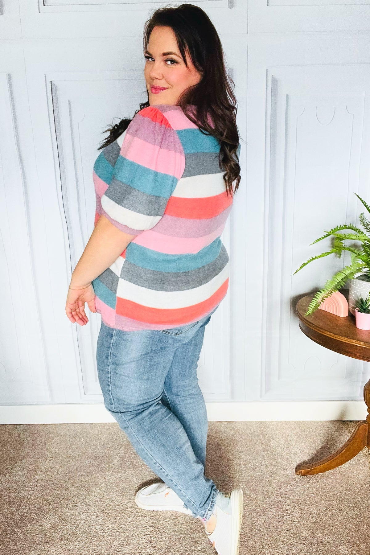 Look Out Teal & Rose Striped Hacci Knit Puff Sleeve Top