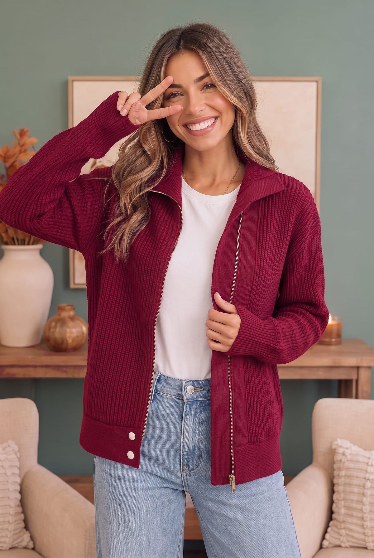 On Set Zip-Up Ribbed Sweater Jacket in Cranberry