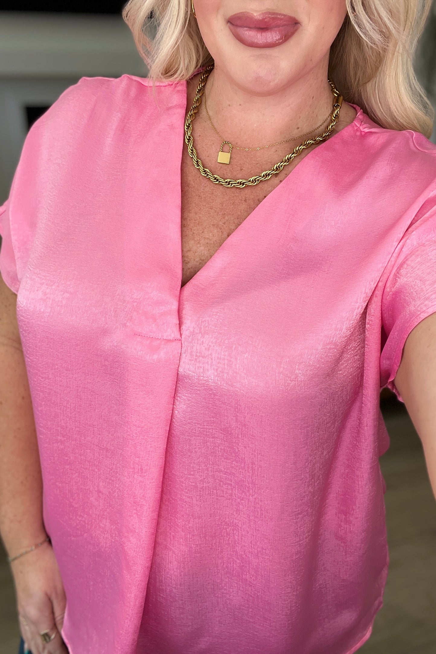 Pleat Front V-Neck Top in Pink Cosmos